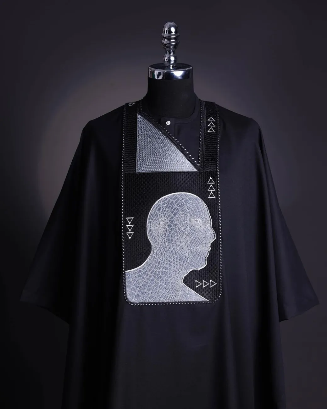 A Charcoal Black, “Head Algorithm Mapping ” embroidery details agbada