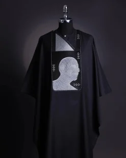 A Charcoal Black, “Head Algorithm Mapping ” embroidery details agbada
