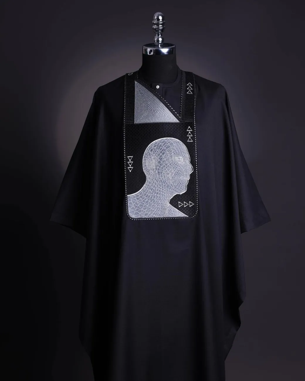 A Charcoal Black, “Head Algorithm Mapping ” embroidery details agbada