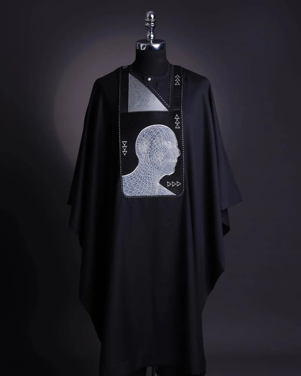 A Charcoal Black, “Head Algorithm Mapping ” embroidery details agbada