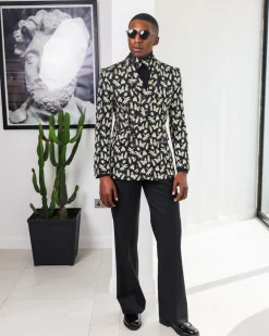 A Charcoal Black, insect element, metallic jacquard shawl lapel wrap suit