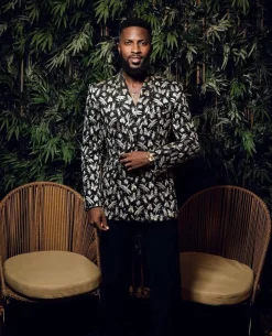 A Charcoal Black, insect element, metallic jacquard shawl lapel wrap suit