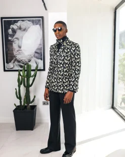 A Charcoal Black, insect element, metallic jacquard shawl lapel wrap suit