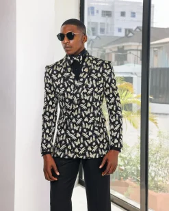 A Charcoal Black, insect element, metallic jacquard shawl lapel wrap suit