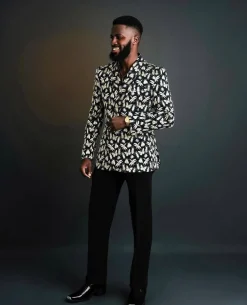 A Charcoal Black, insect element, metallic jacquard shawl lapel wrap suit