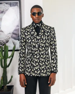 A Charcoal Black, insect element, metallic jacquard shawl lapel wrap suit