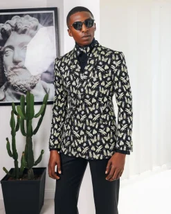 A Charcoal Black, insect element, metallic jacquard shawl lapel wrap suit