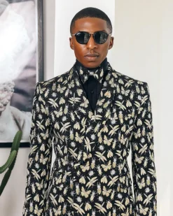 A Charcoal Black, insect element, metallic jacquard shawl lapel wrap suit