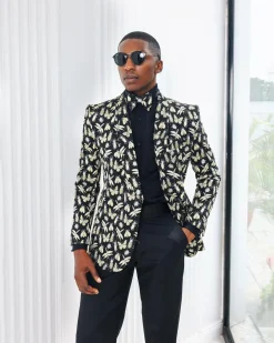 A Charcoal Black, insect element, metallic jacquard shawl lapel wrap suit