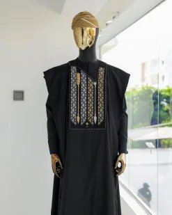 A Charcoal black, inverted arrow and layered square embroidery details agbada