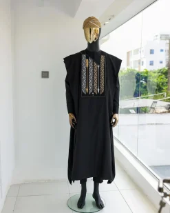 A Charcoal black, inverted arrow and layered square embroidery details agbada