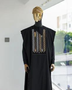 A Charcoal black, inverted arrow and layered square embroidery details agbada