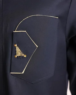 A charcoal black, inverted and closed flap shaped pocket details, 3/4 sleeve African senator kaftan native.