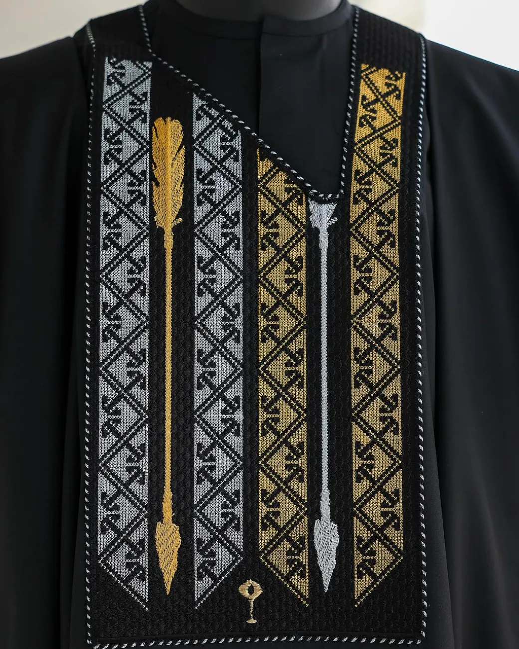 A Charcoal black, inverted arrow and layered square embroidery details agbada