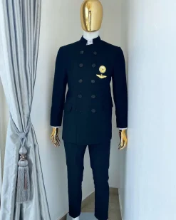 A Charcoal Black Jorgecarli Merino Wool “Clergyman” French Double Breasted Safari Suit