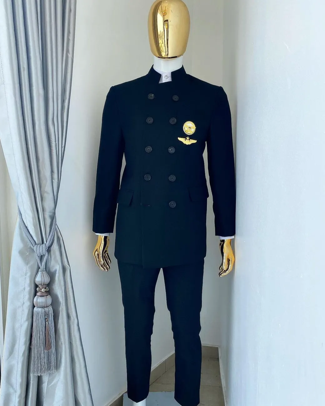 A Charcoal Black Jorgecarli Merino Wool “Clergyman” French Double Breasted Safari Suit
