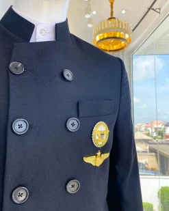 A Charcoal Black Jorgecarli Merino Wool “Clergyman” French Double Breasted Safari Suit