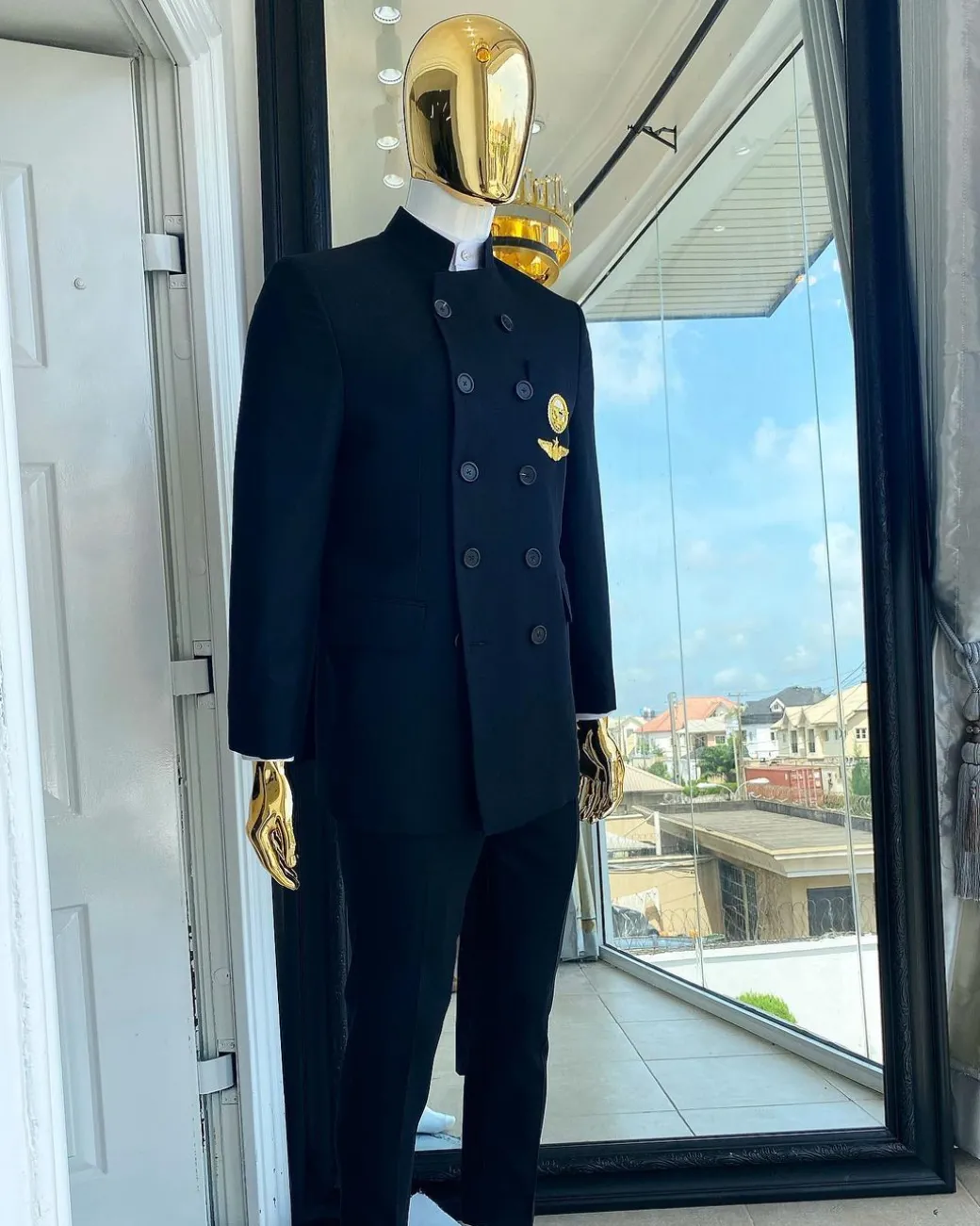 A Charcoal Black Jorgecarli Merino Wool “Clergyman” French Double Breasted Safari Suit