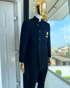 A Charcoal Black Jorgecarli Merino Wool “Clergyman” French Double Breasted Safari Suit
