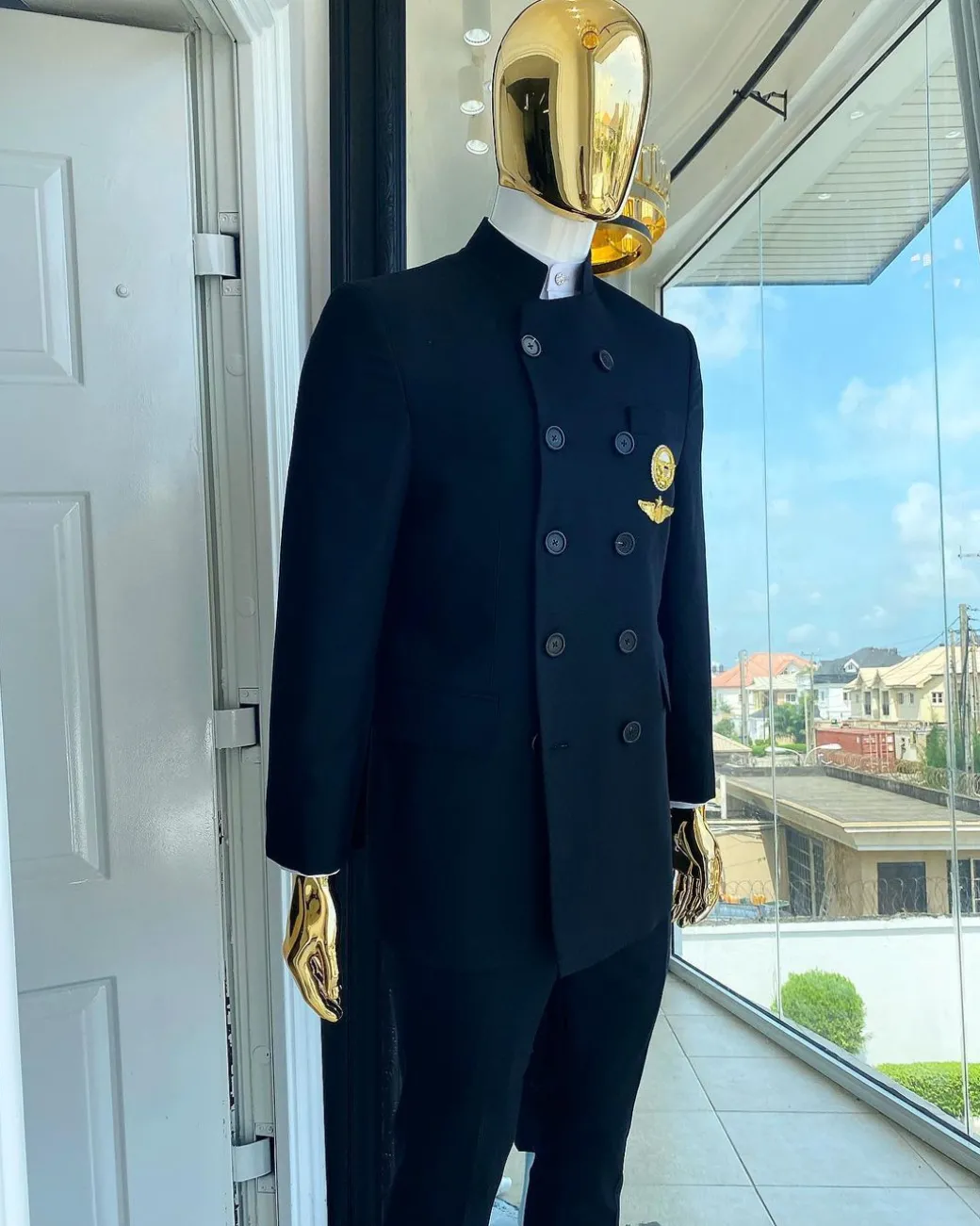 A Charcoal Black Jorgecarli Merino Wool “Clergyman” French Double Breasted Safari Suit