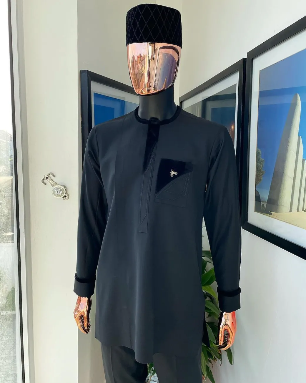 A Charcoal Black kaftan, black velvet detailing, layered patch pocket African traditional kaftan native.