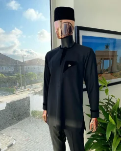 A Charcoal Black kaftan, black velvet detailing, layered patch pocket African traditional kaftan native.