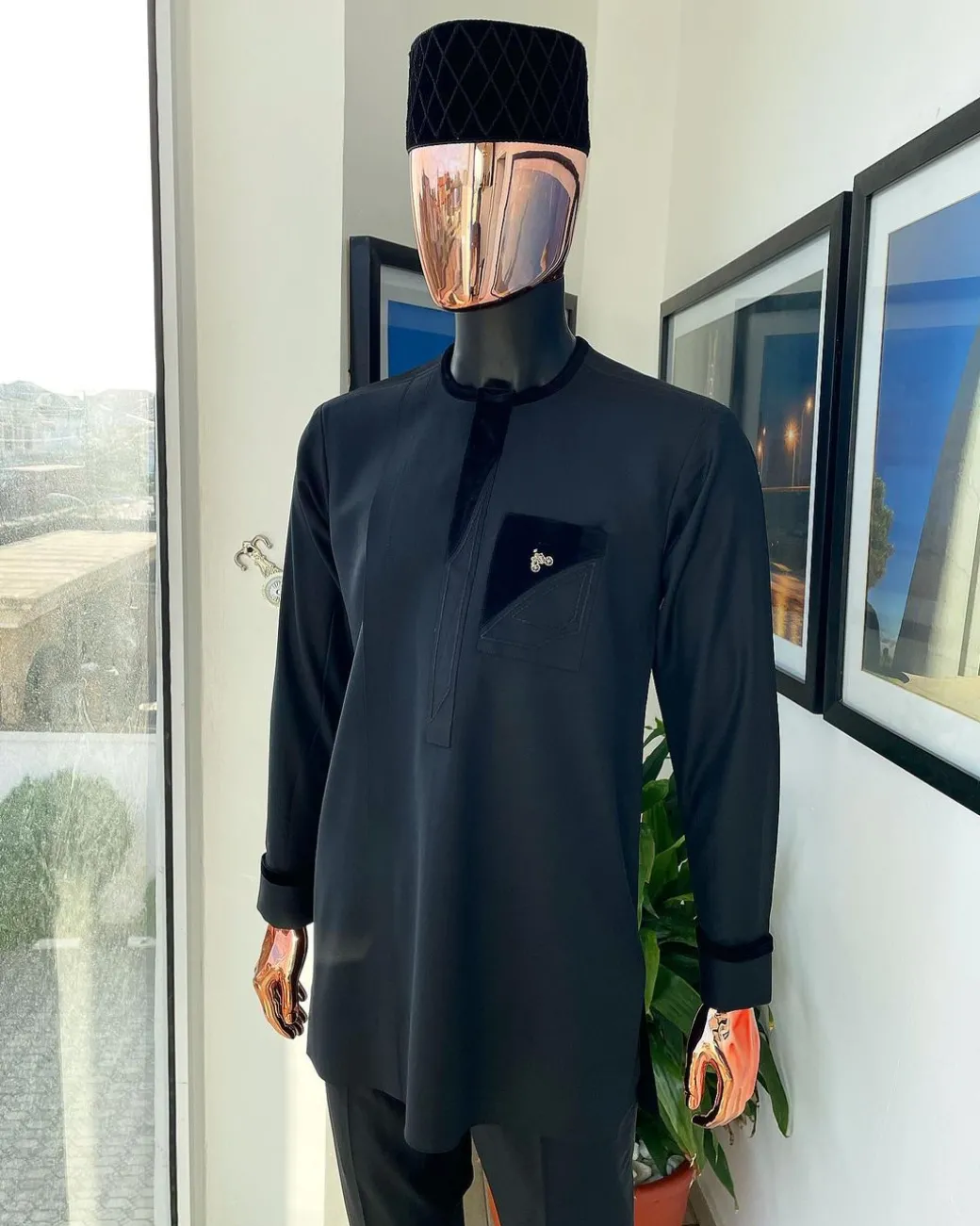 A Charcoal Black kaftan, black velvet detailing, layered patch pocket African traditional kaftan native.