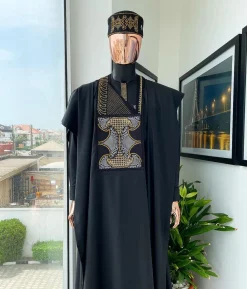 A Charcoal black, kissing wavelength embroidery design with ss30 light topaz and crystal xilion Swarovski stones detailing agbada