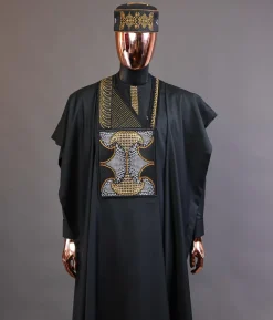 A Charcoal black, kissing wavelength embroidery design with ss30 light topaz and crystal xilion Swarovski stones detailing agbada