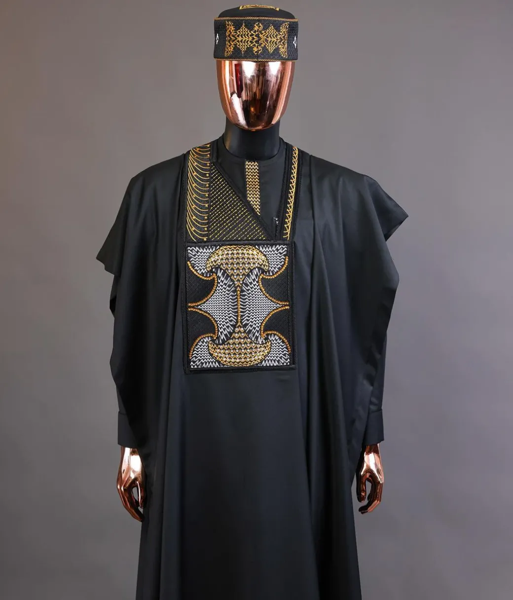 A Charcoal black, kissing wavelength embroidery design with ss30 light topaz and crystal xilion Swarovski stones detailing agbada
