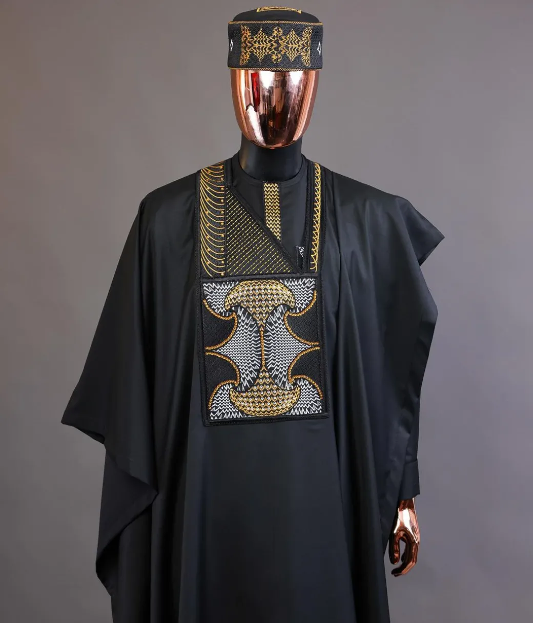 A Charcoal black, kissing wavelength embroidery design with ss30 light topaz and crystal xilion Swarovski stones detailing agbada