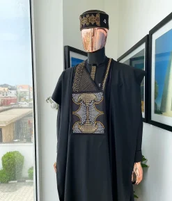 A Charcoal black, kissing wavelength embroidery design with ss30 light topaz and crystal xilion Swarovski stones detailing agbada