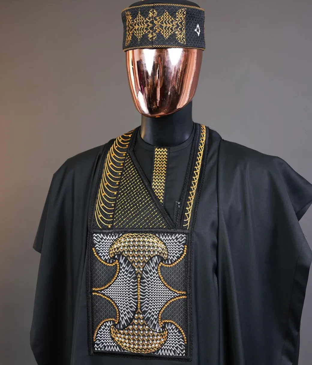 A Charcoal black, kissing wavelength embroidery design with ss30 light topaz and crystal xilion Swarovski stones detailing agbada
