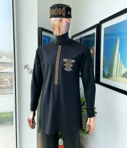 A Charcoal black, kissing wavelength embroidery design with ss30 light topaz and crystal xilion Swarovski stones detailing agbada