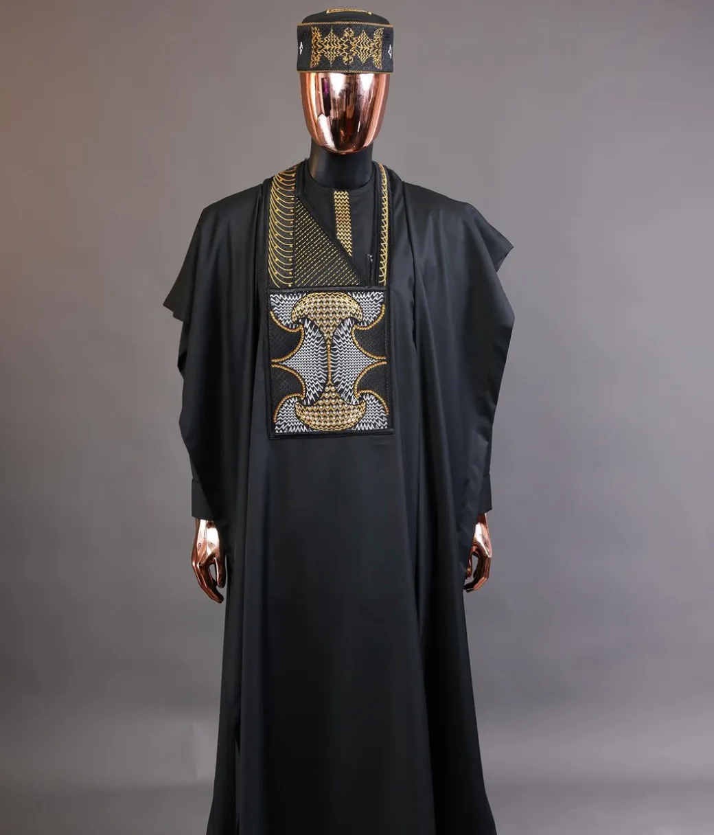 A Charcoal black, kissing wavelength embroidery design with ss30 light topaz and crystal xilion Swarovski stones detailing agbada