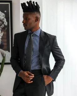 A Charcoal Black, Knitted, Peak Lapel Suit