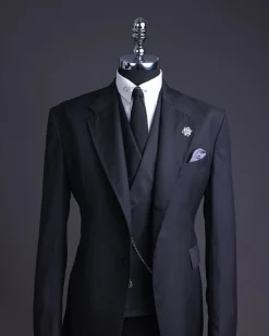A Charcoal black, knitted, notch lapel suit