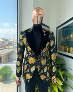 A Charcoal Black, Lemon Green, Orange Mix Metallic Floral Jacquard, Peak Lapel Tuxedo Suit.