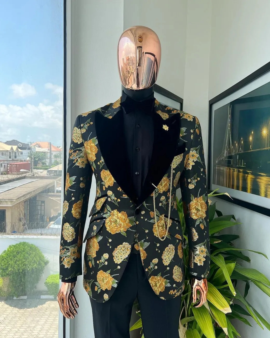 A Charcoal Black, Lemon Green, Orange Mix Metallic Floral Jacquard, Peak Lapel Tuxedo Suit.
