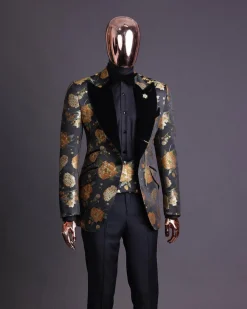 A Charcoal Black, Lemon Green, Orange Mix Metallic Floral Jacquard, Peak Lapel Tuxedo Suit.