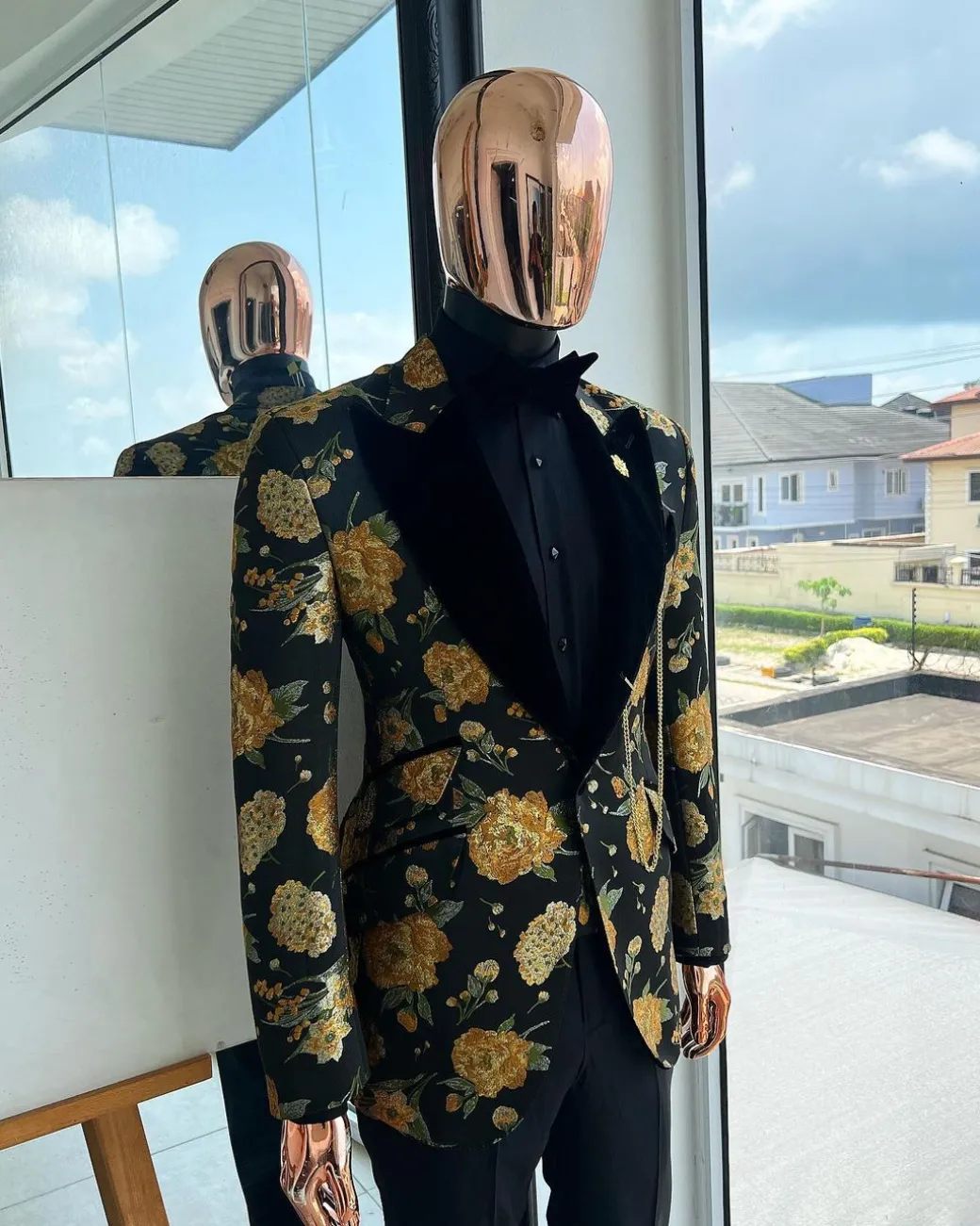 A Charcoal Black, Lemon Green, Orange Mix Metallic Floral Jacquard, Peak Lapel Tuxedo Suit.