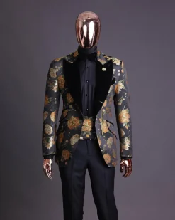 A Charcoal Black, Lemon Green, Orange Mix Metallic Floral Jacquard, Peak Lapel Tuxedo Suit.