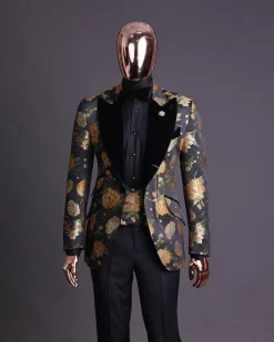 A Charcoal Black, Lemon Green, Orange Mix Metallic Floral Jacquard, Peak Lapel Tuxedo Suit.