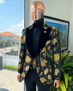 A Charcoal Black, Lemon Green, Orange Mix Metallic Floral Jacquard, Peak Lapel Tuxedo Suit.