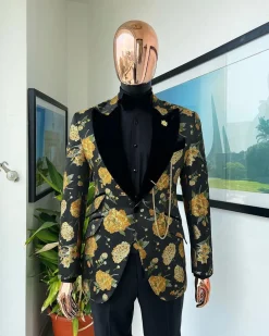 A Charcoal Black, Lemon Green, Orange Mix Metallic Floral Jacquard, Peak Lapel Tuxedo Suit.