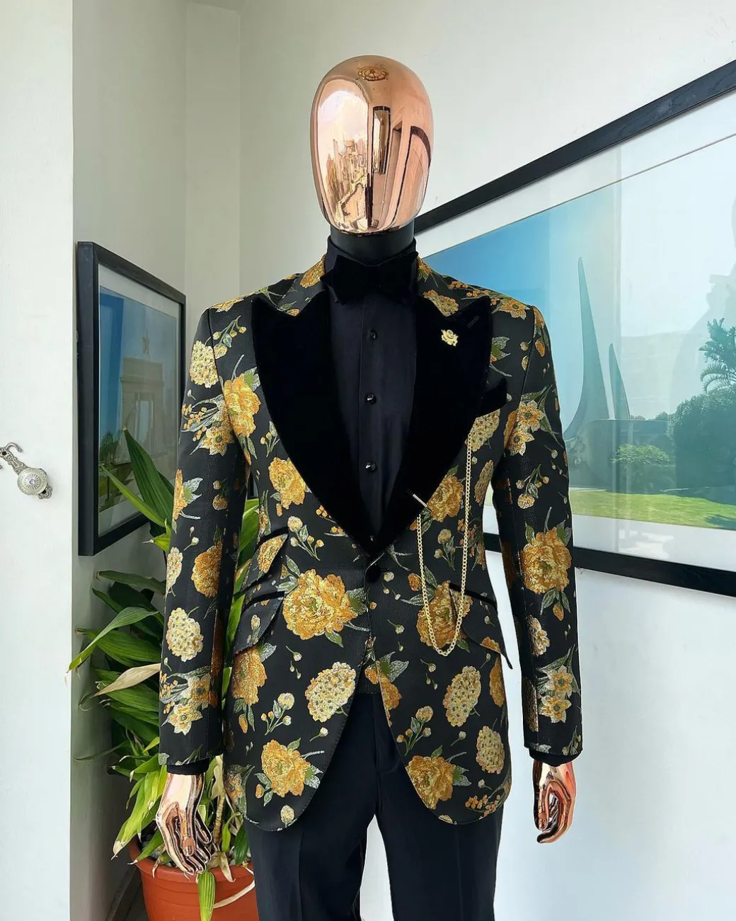 A Charcoal Black, Lemon Green, Orange Mix Metallic Floral Jacquard, Peak Lapel Tuxedo Suit.