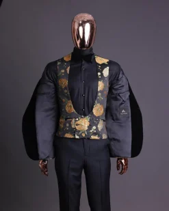 A Charcoal Black, Lemon Green, Orange Mix Metallic Floral Jacquard, Peak Lapel Tuxedo Suit.