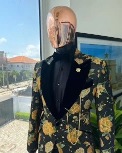 A Charcoal Black, Lemon Green, Orange Mix Metallic Floral Jacquard, Peak Lapel Tuxedo Suit.