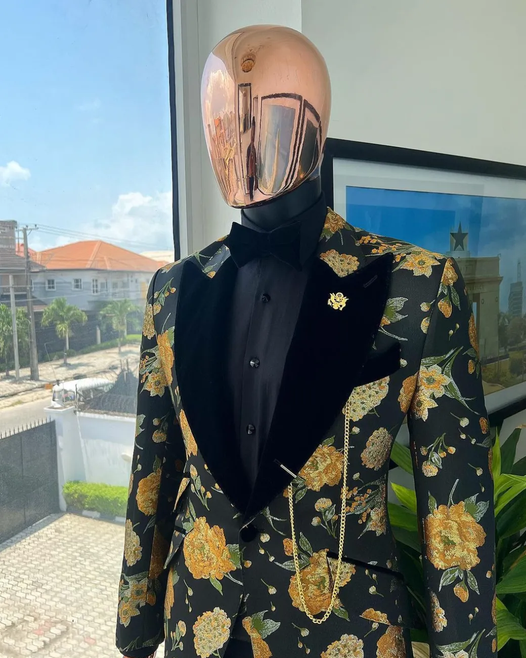 A Charcoal Black, Lemon Green, Orange Mix Metallic Floral Jacquard, Peak Lapel Tuxedo Suit.