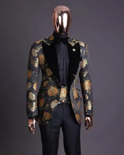 A Charcoal Black, Lemon Green, Orange Mix Metallic Floral Jacquard, Peak Lapel Tuxedo Suit.